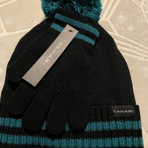 Tahari Black Beanie Set With Pom And Matching Glove Set